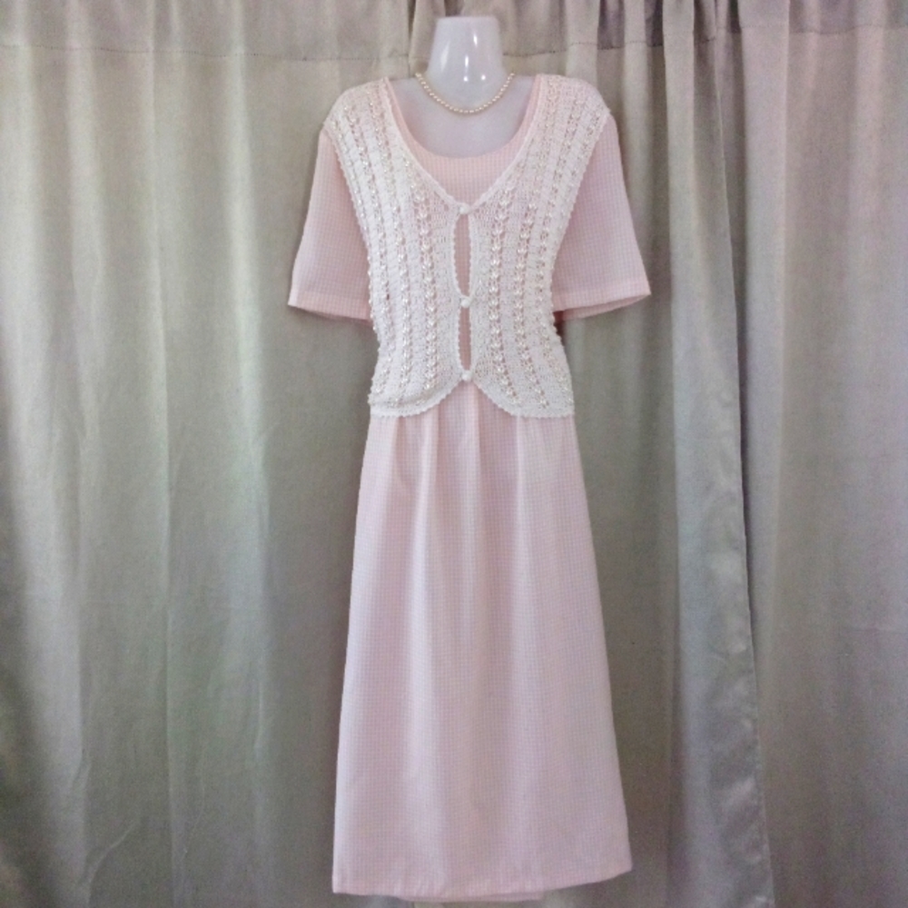 Vintage Halmode Petites Pink Gingham Dress with Faux Pearl Beaded vest S…